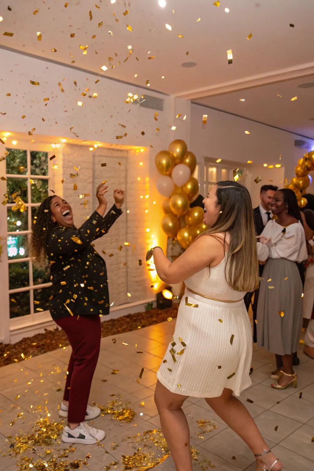 A dazzling gold confetti shower marking the grand finale of the celebration.