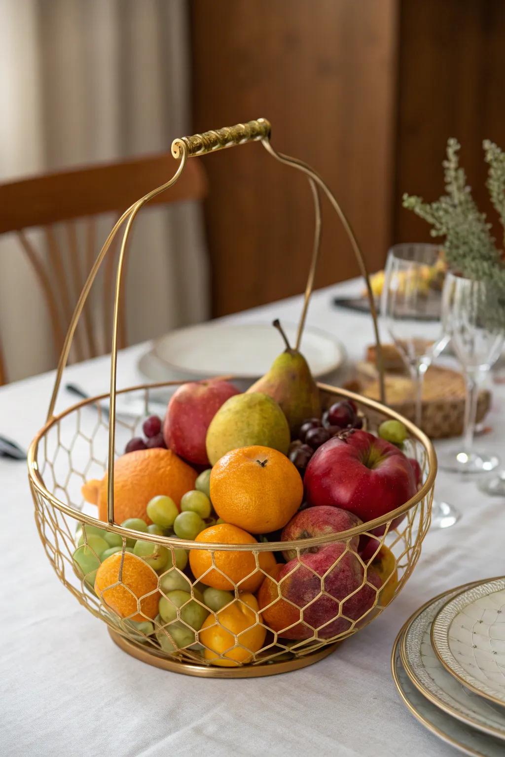Vibrant gilded wire weave central design featuring seasonal fruits.
