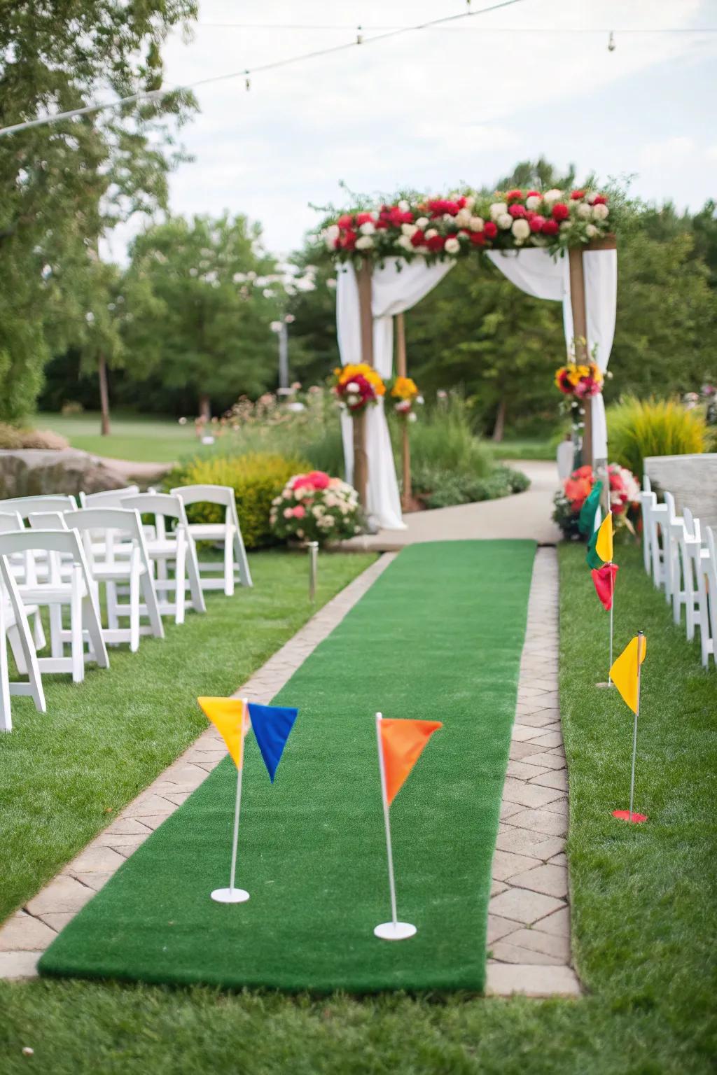 An elegant aisle with fairway-inspired decor sets the stage for a golf-themed ceremony.