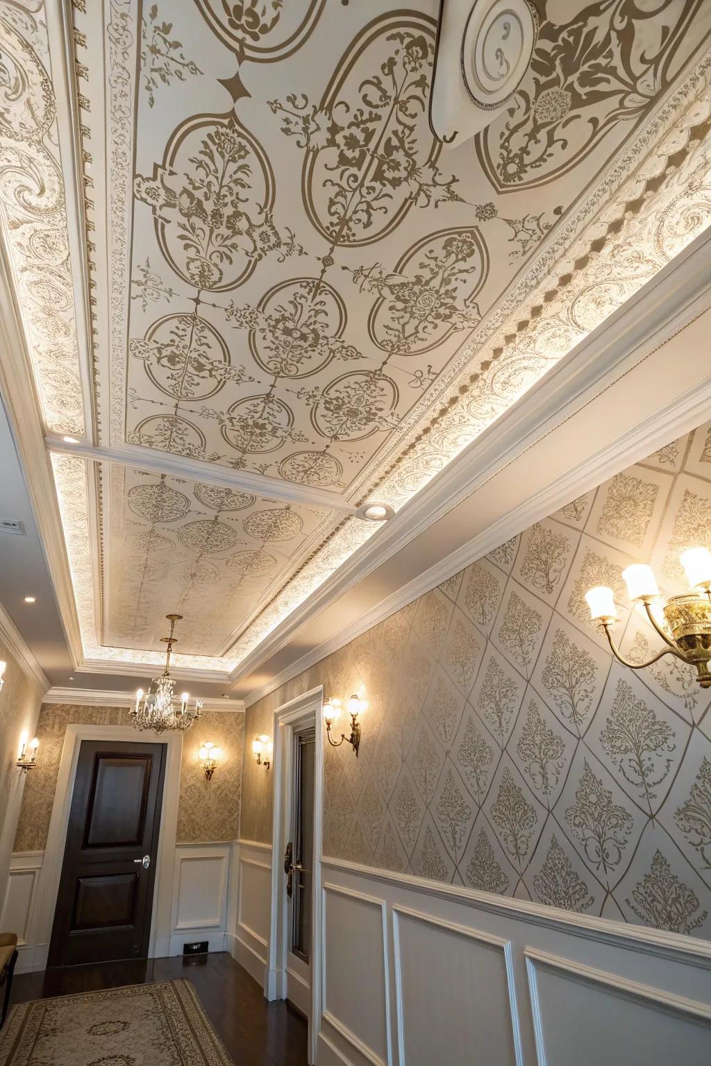Wallpapered ceilings present a daring and creative blueprint pronouncement.