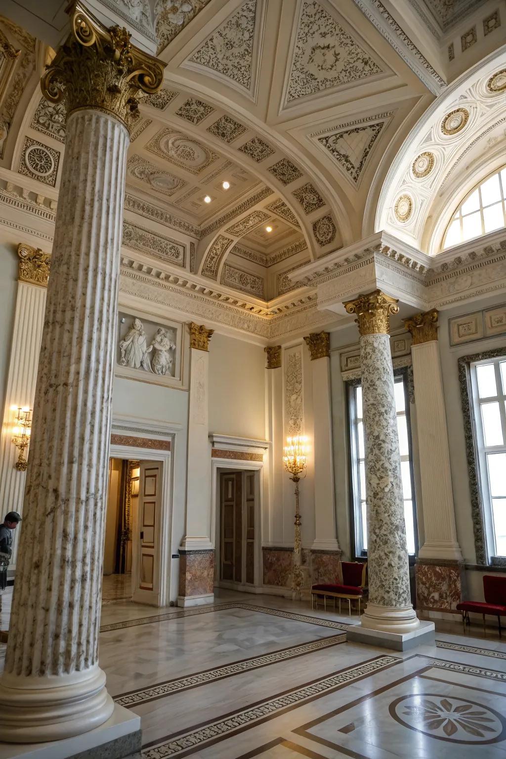 High ceilings add grandeur and elegance to Hellenic-inspired spaces.