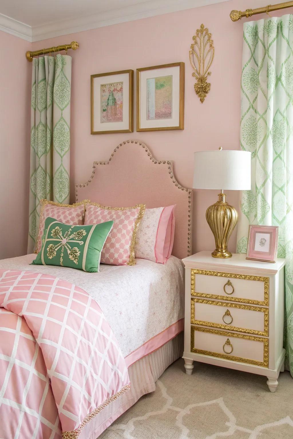 Gilded accents inject a touch of glamour into the verdant and rosy theme.