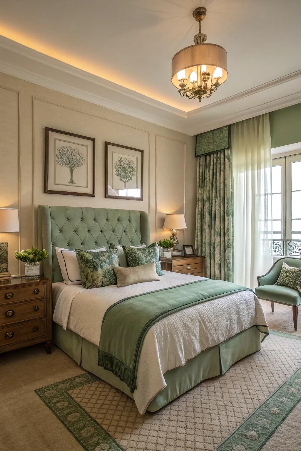 Green and neutral shades work together flawlessly for a serene and balanced bedroom.