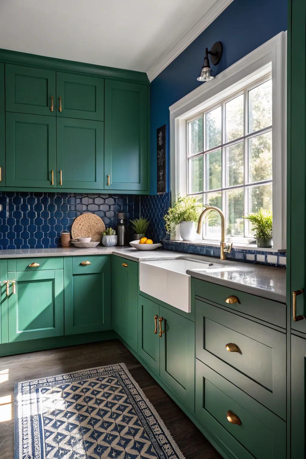 Striking culinary space featuring green cabinets and a bold highlight wall.