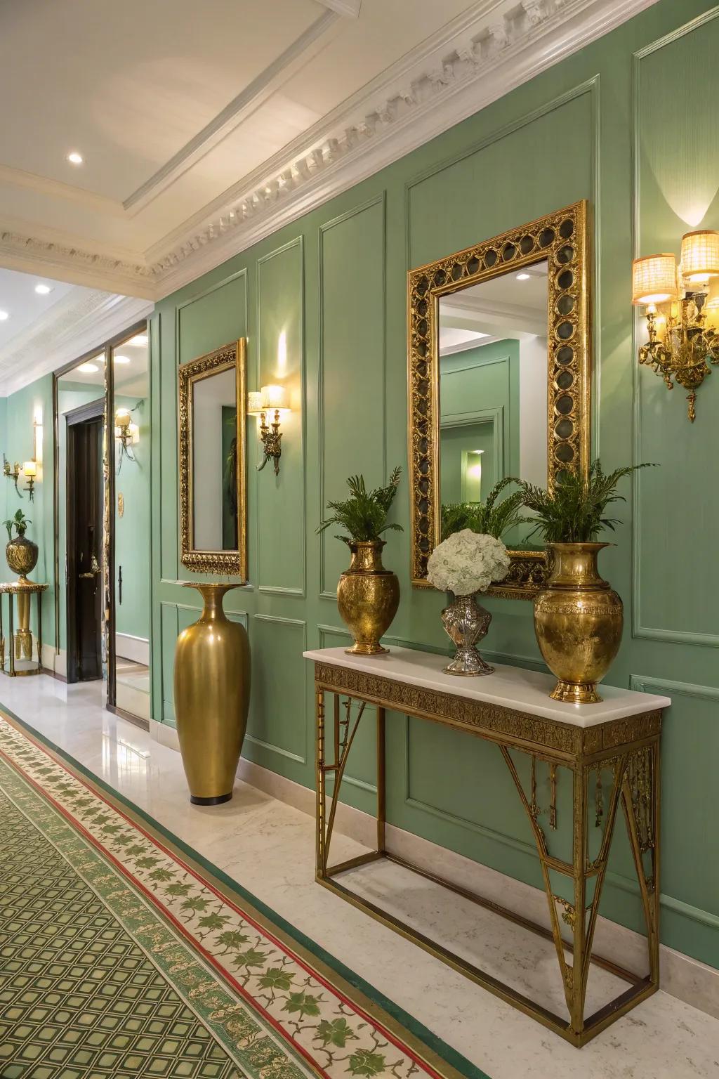 Verdant and metallic accents create a glamorous effect.