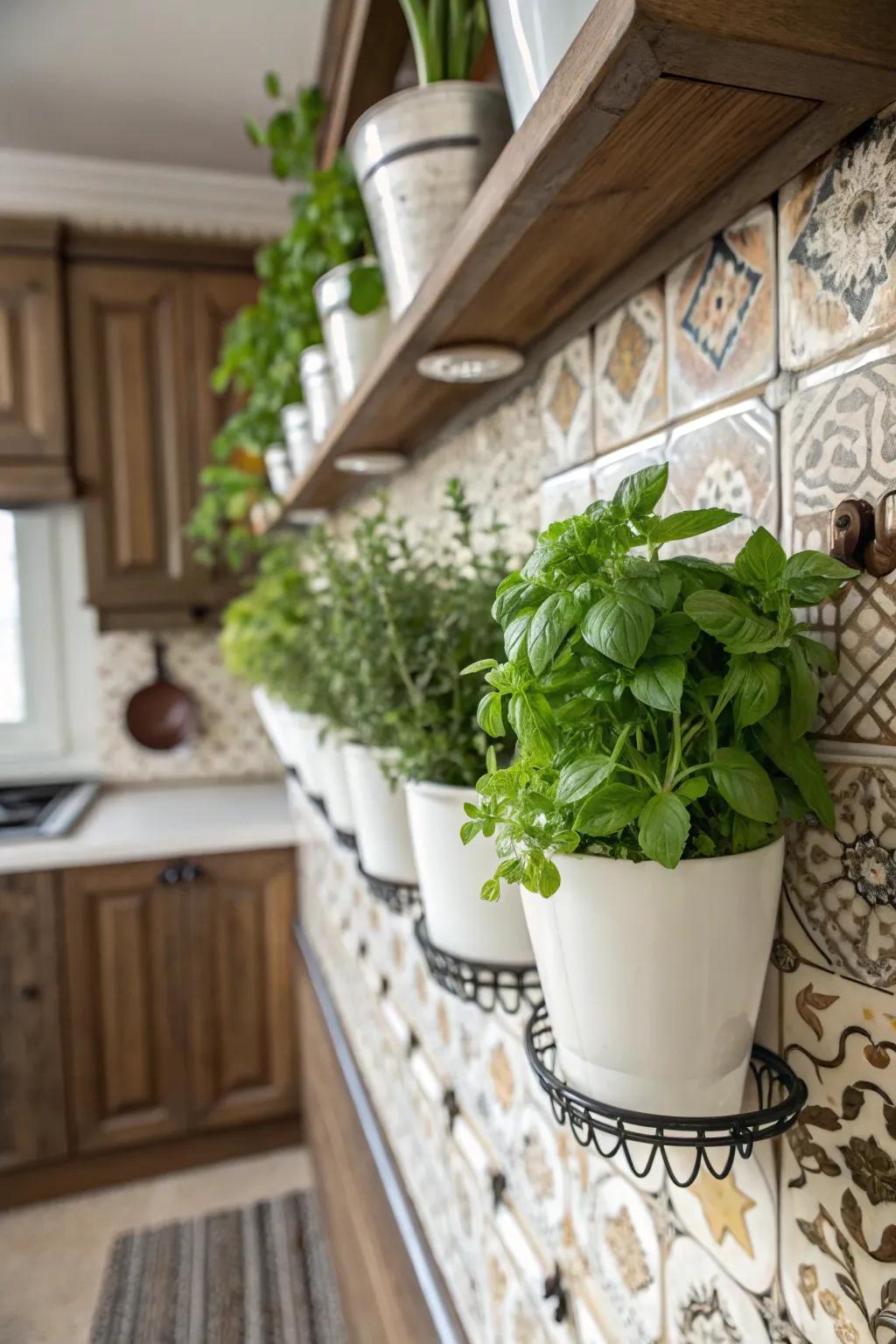 An herb botanical garden wall adds fresh flavors and verdant elements to the kitchen.