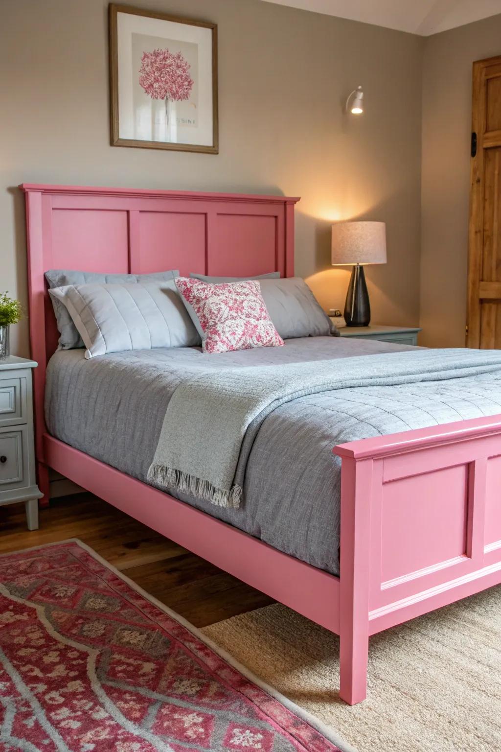 A pink bed frame serves as a bold centerpiece in the bedroom.
