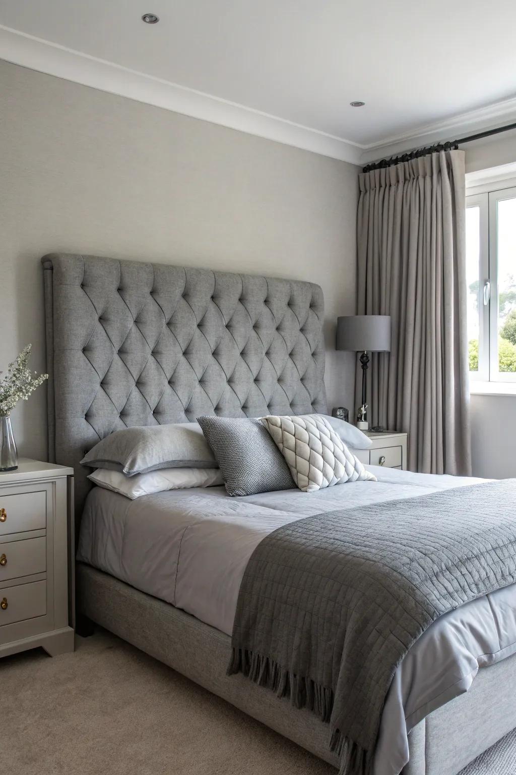 A silk grey bed frame anchors the bed.