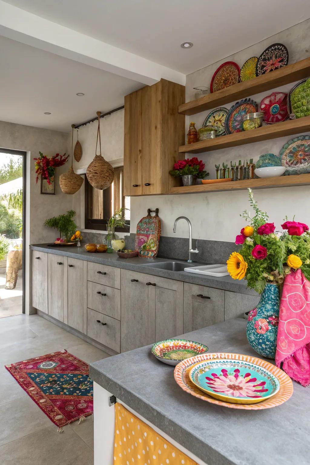 Grey surfaces serve as a flawless backdrop for colorful accents.