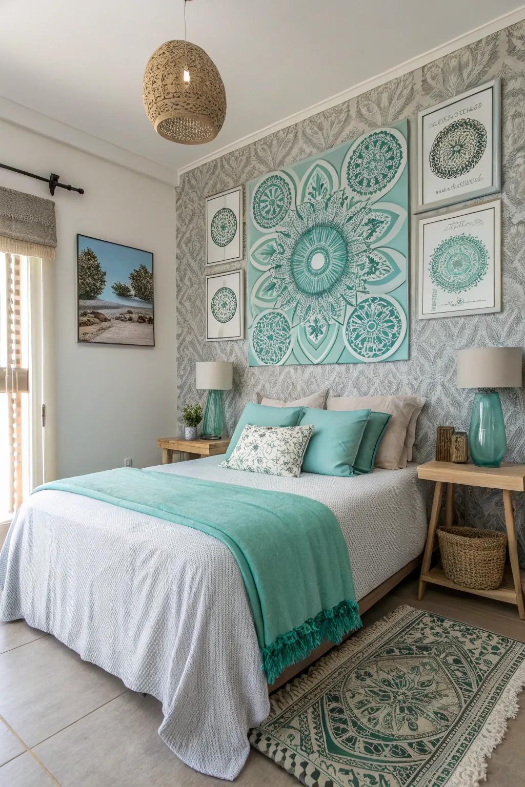 Feature wall art enhances the room's color palette.