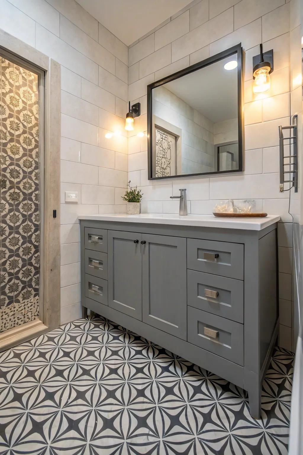 Geometric patterns append a contemporary flair to the charcoal washstand setup.