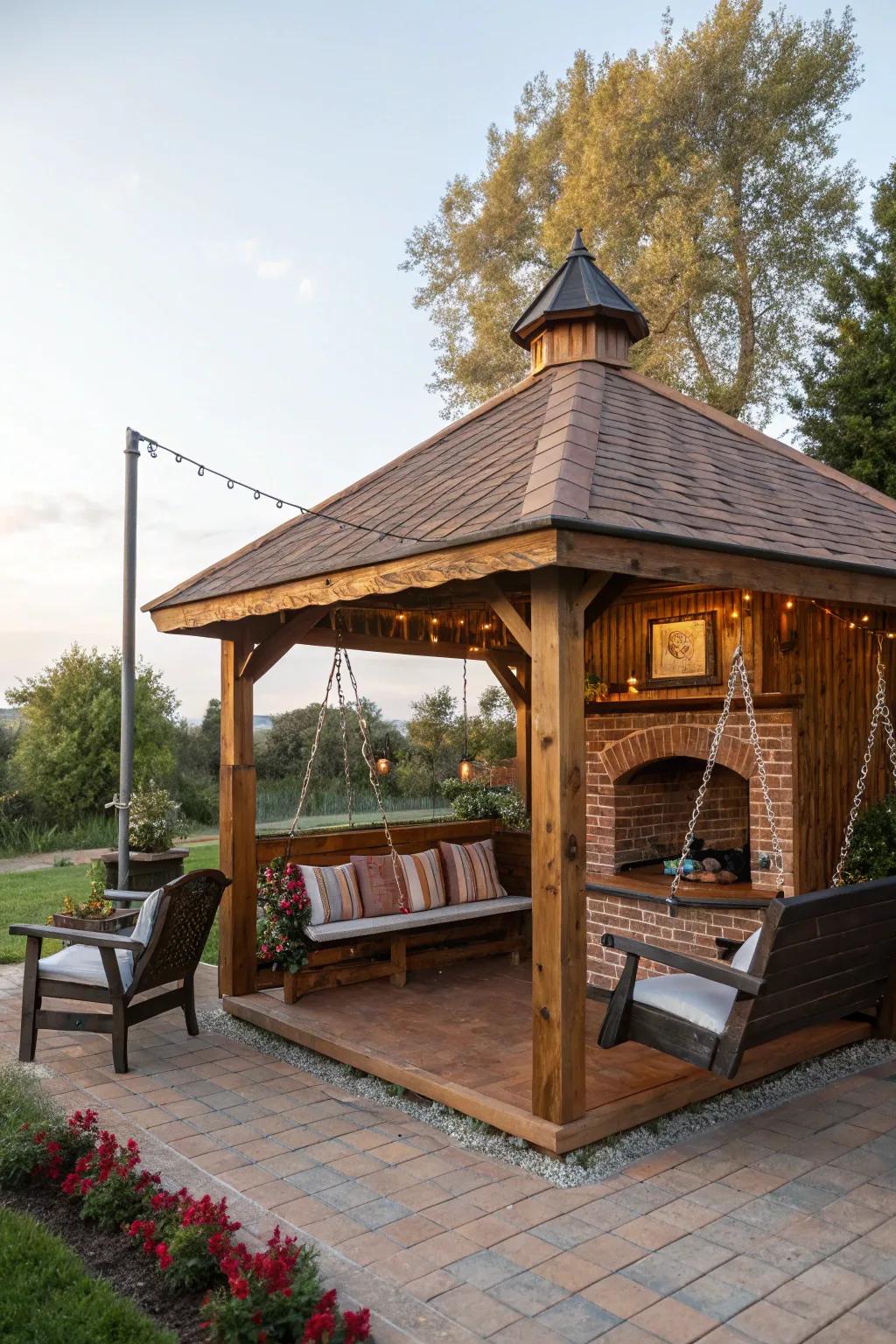 A barbecue shelter with innovative seating options like benches and swing chairs.