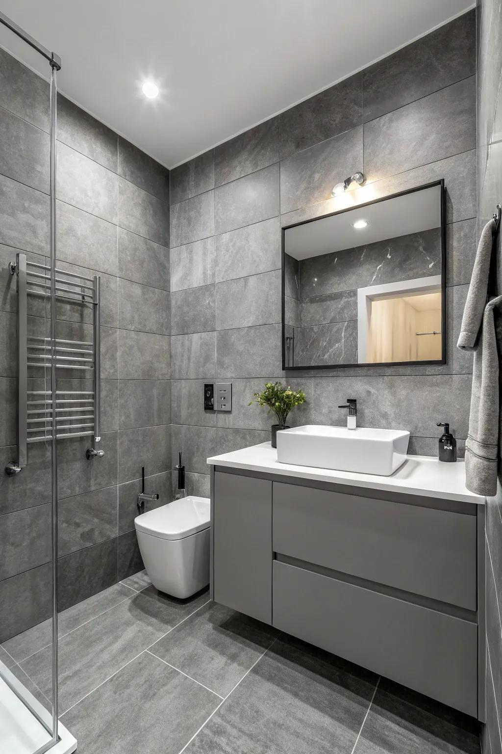 Monochrome magic creates a cohesive and stylish bathroom environment.