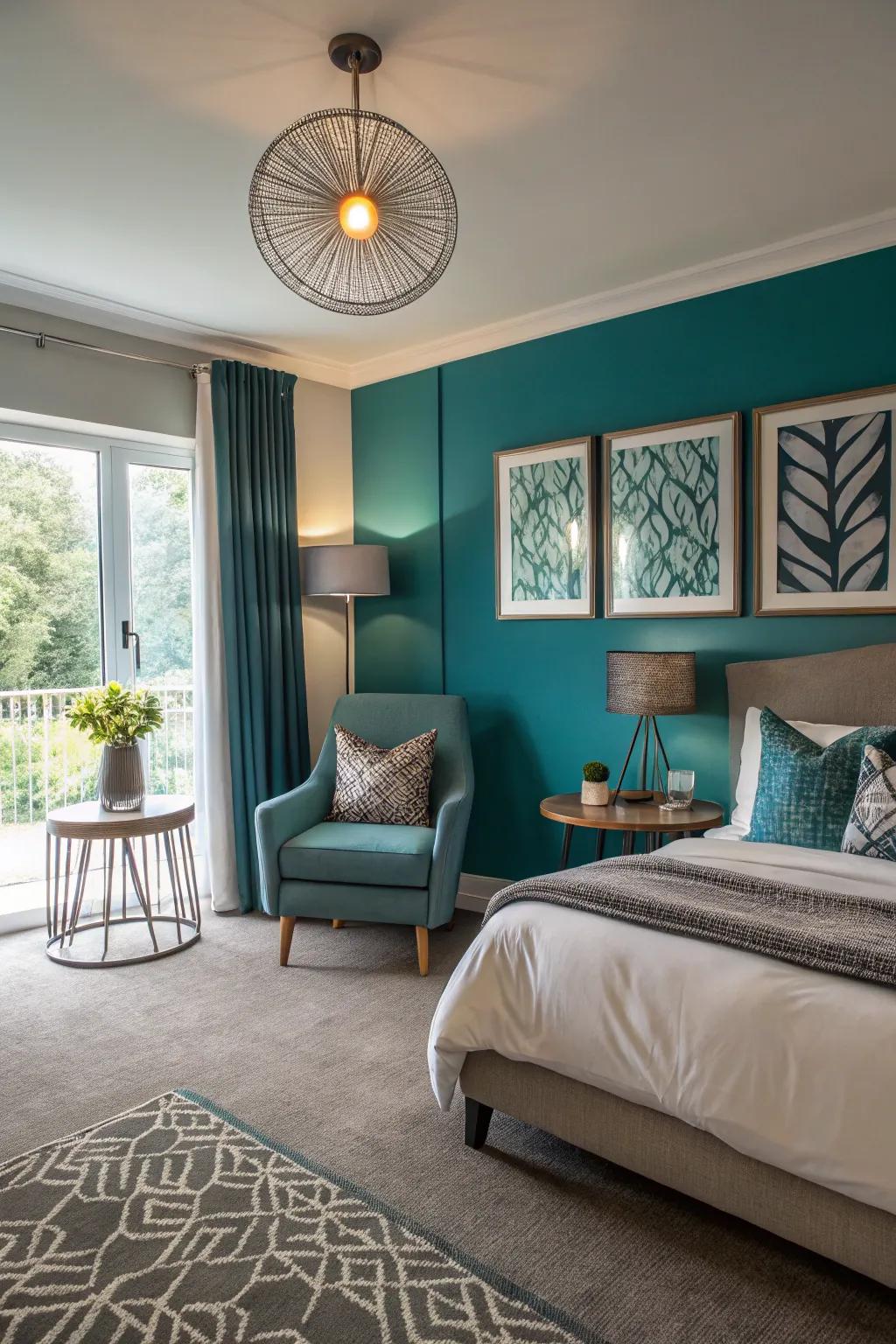 A guest room featuring modern teal accents for a rejuvenated appearance.