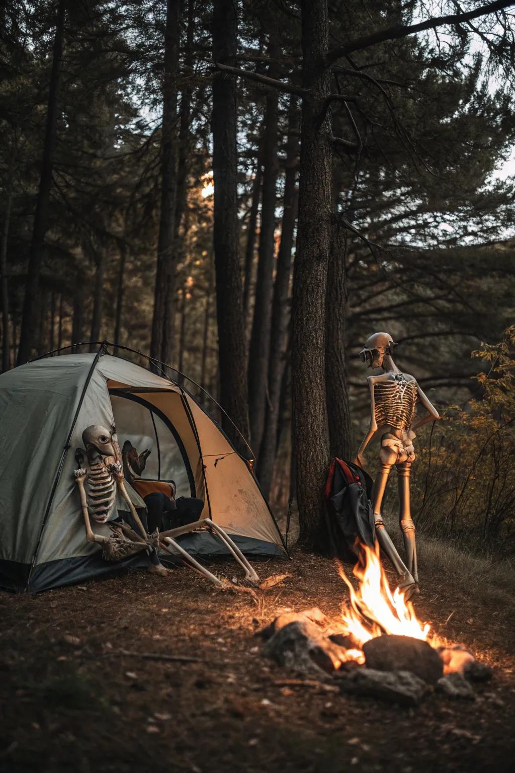 Outdoor sleepover skeletons create a warm and inviting Halloween scene.