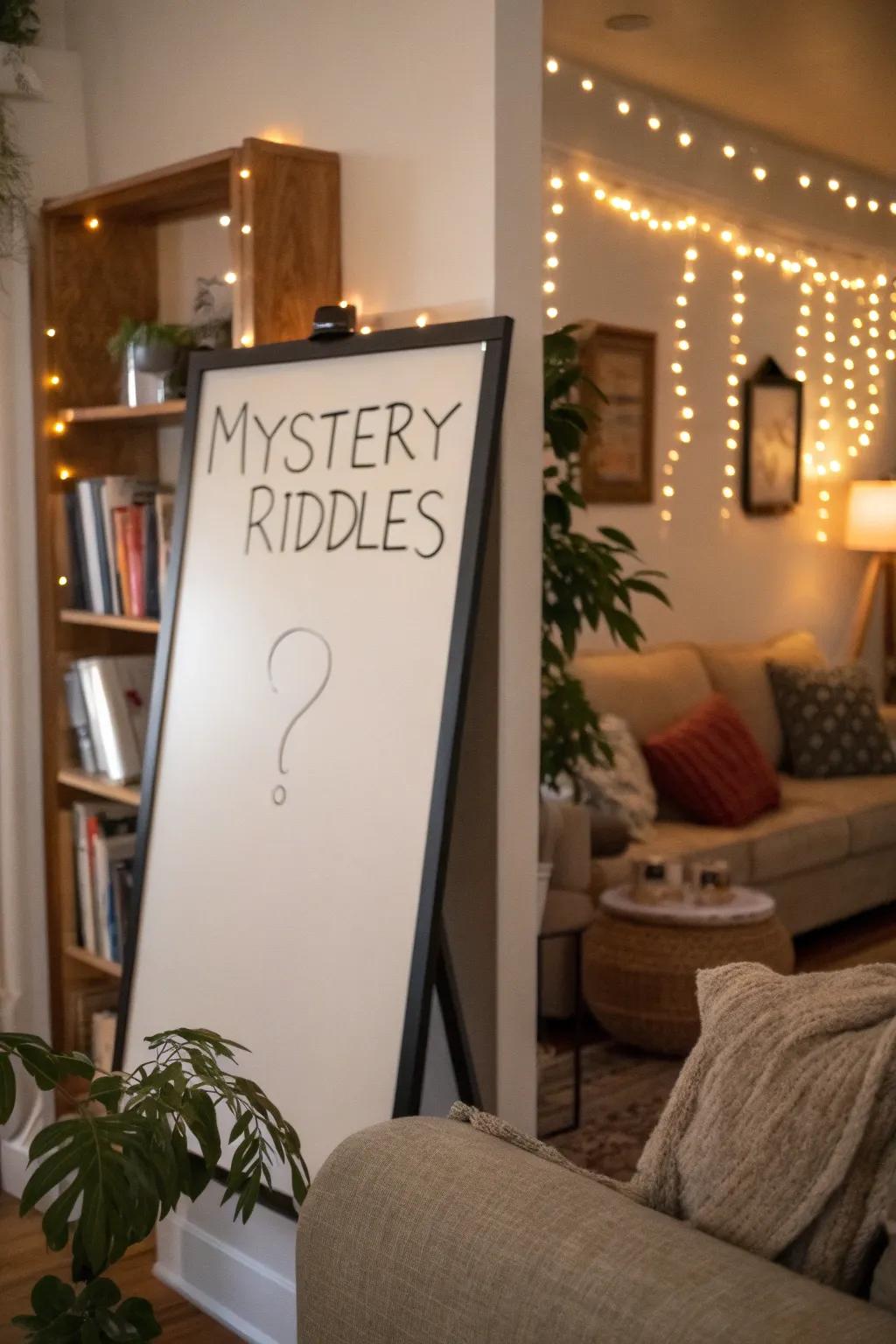 An intriguing mystery riddle corner featured on a whiteboard.