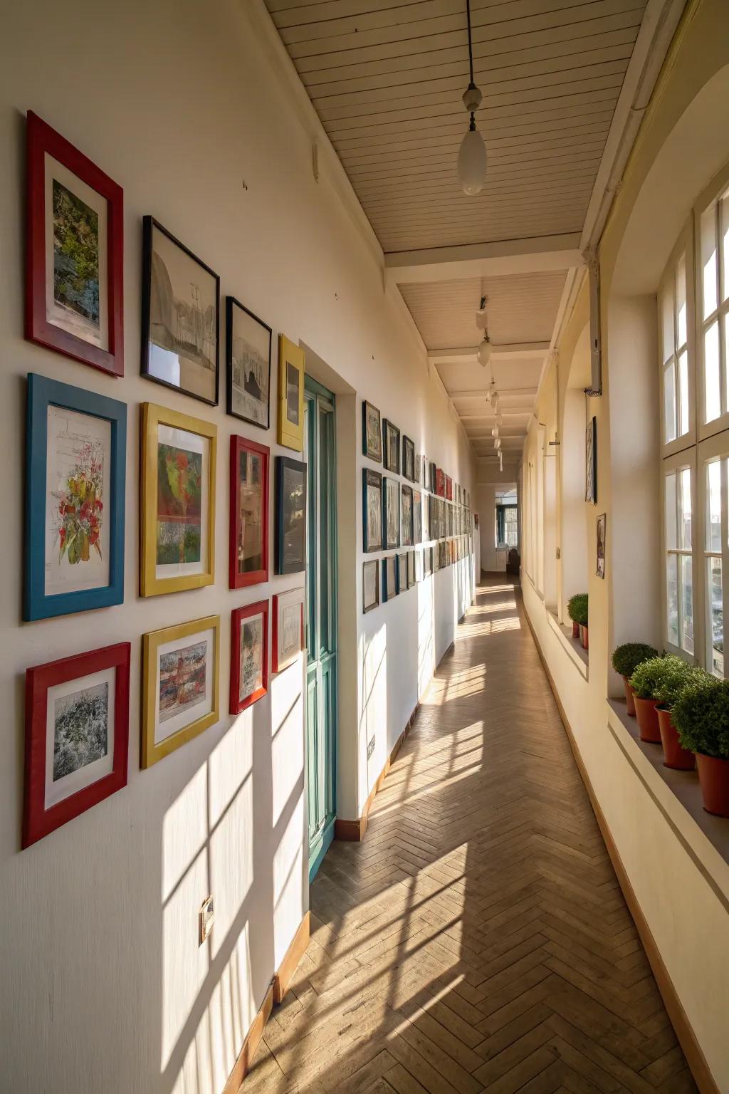 Colored frames contribute a playful and dynamic twist to corridor art.