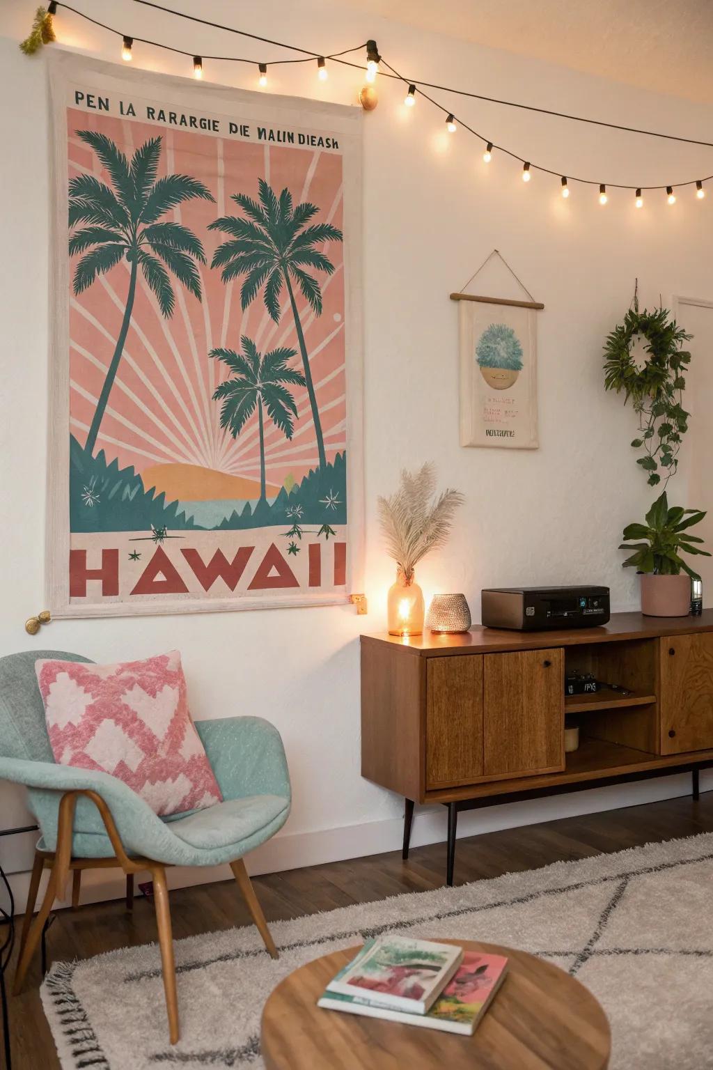 A retro Hawaiian-themed wall decor piece introducing charm to a mid-century contemporary room.