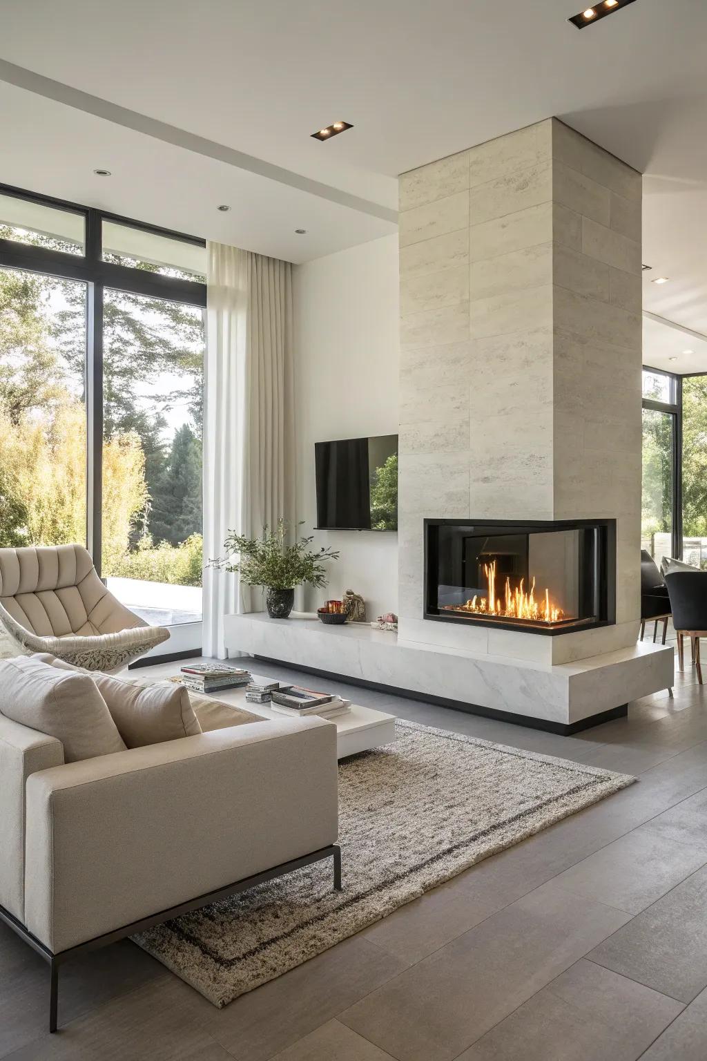 A stylish modern living area showcasing a vegetable oil fireplace to add a touch of cleanliness and modernity.