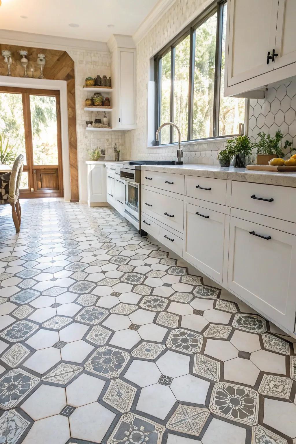 Geometric symmetry with hexagon tiles offers a balanced kitchen aesthetic.