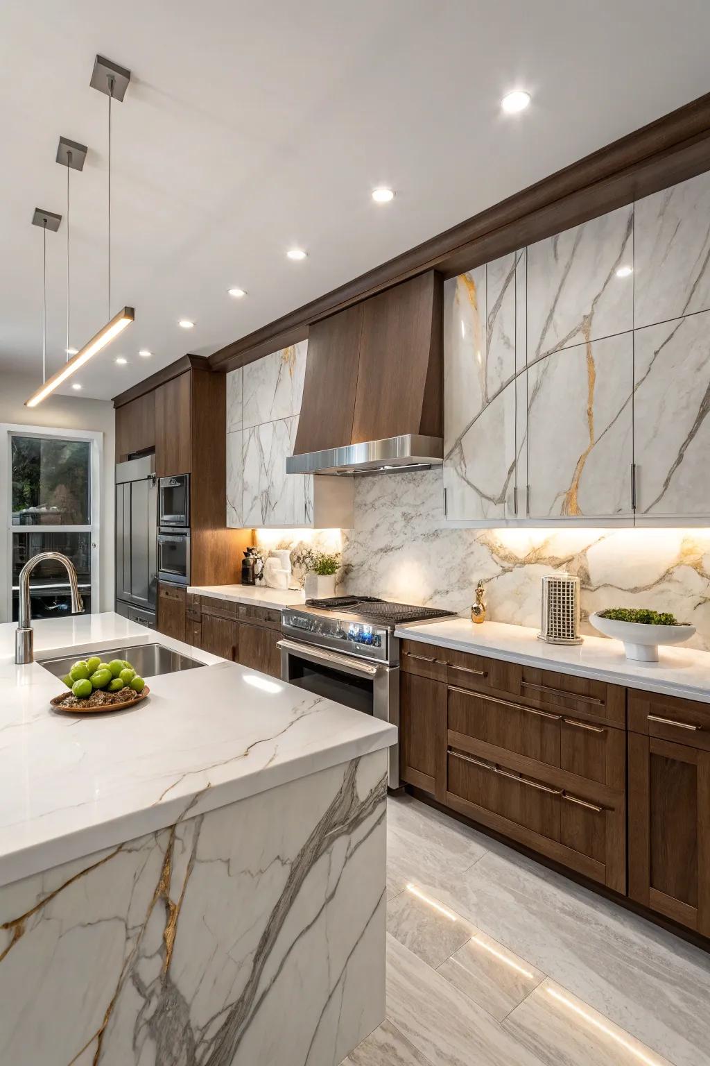 Quartzite backsplash combines beauty with durability.
