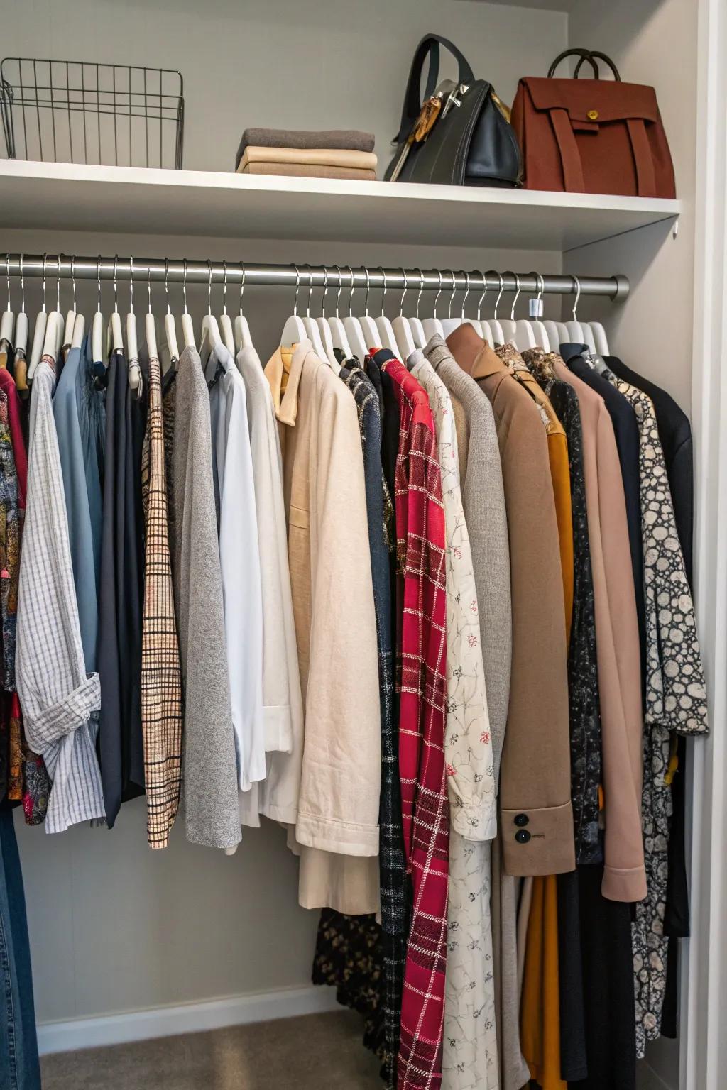 Modify your closet to fit your wardrobe using flexible hanging solutions.