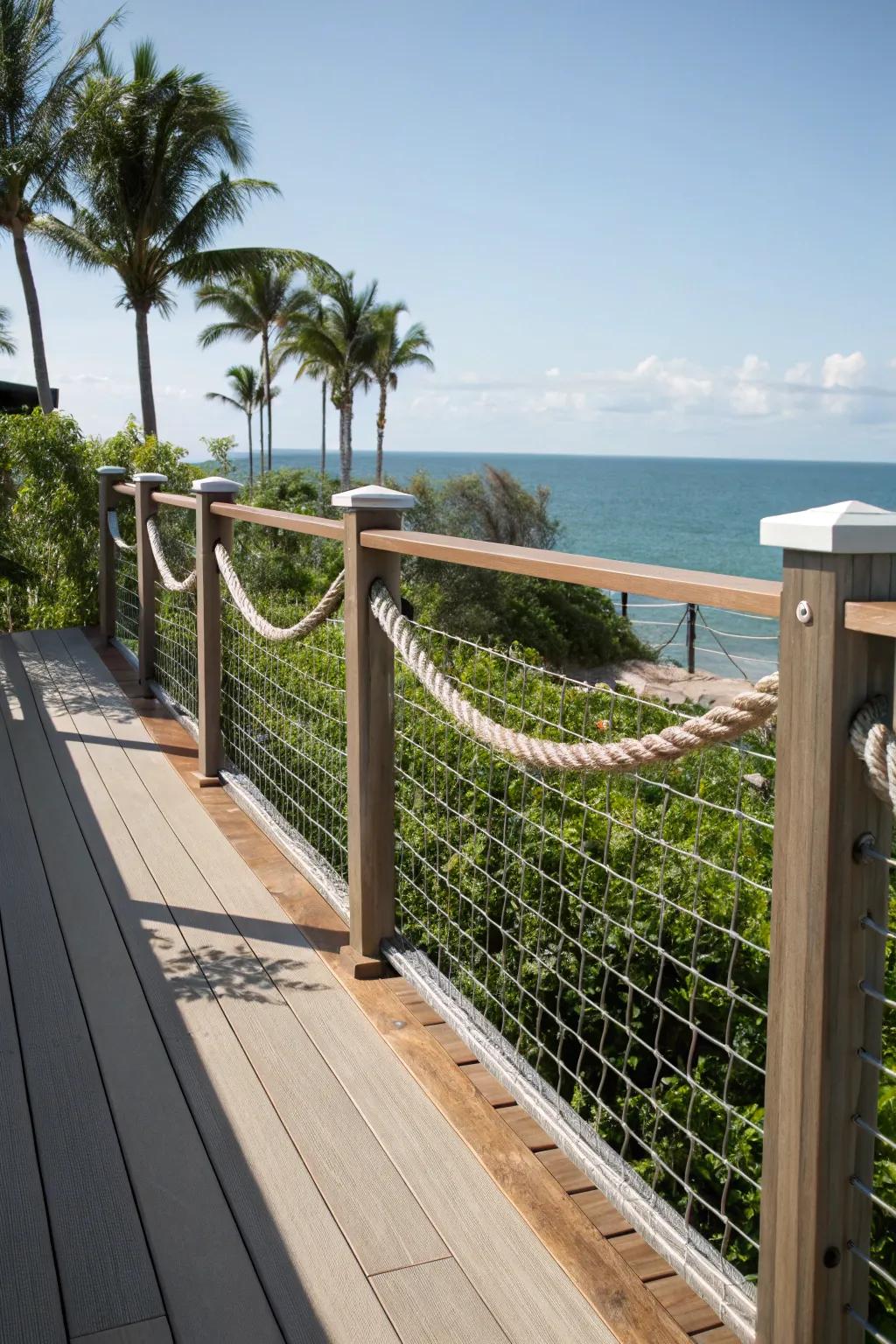 Rope accents add a nautical charm to hog wire deck railings.