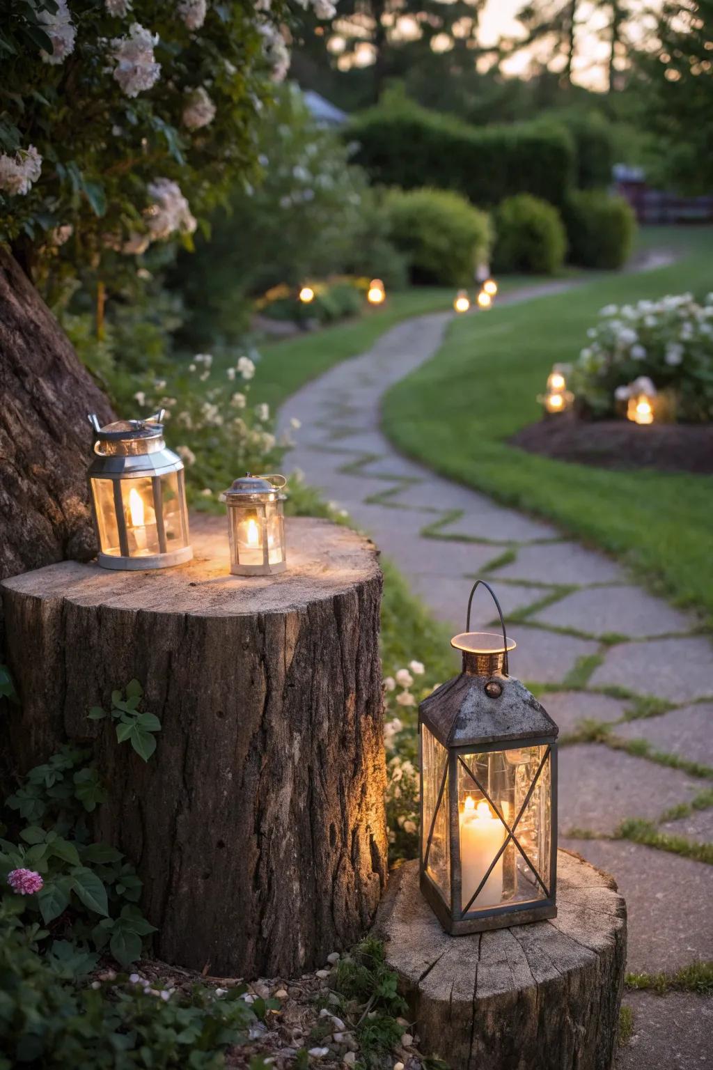 A country light stand fashioned from a tree base brightens up your garden path.