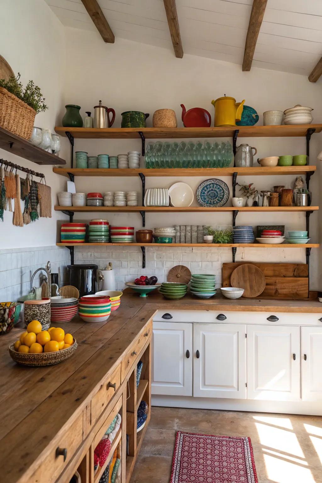 A kitchen where display shelving mixes usefulness with design.