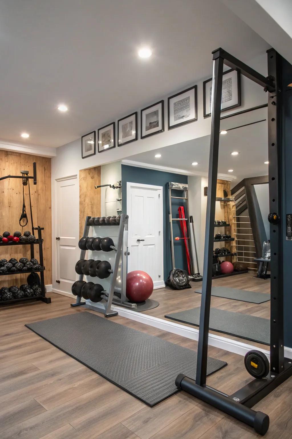 Mirrors that are propped up provide flair and versatility in this gym.