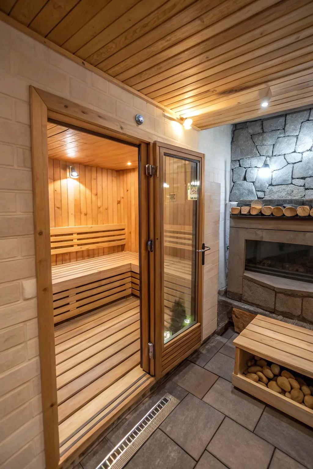 Unique arrangements give this sauna a distinctive character.