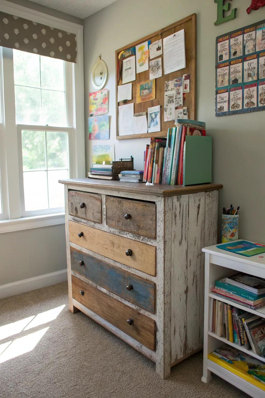 Re-purposed furniture provides unique storage options while adding character to the space.