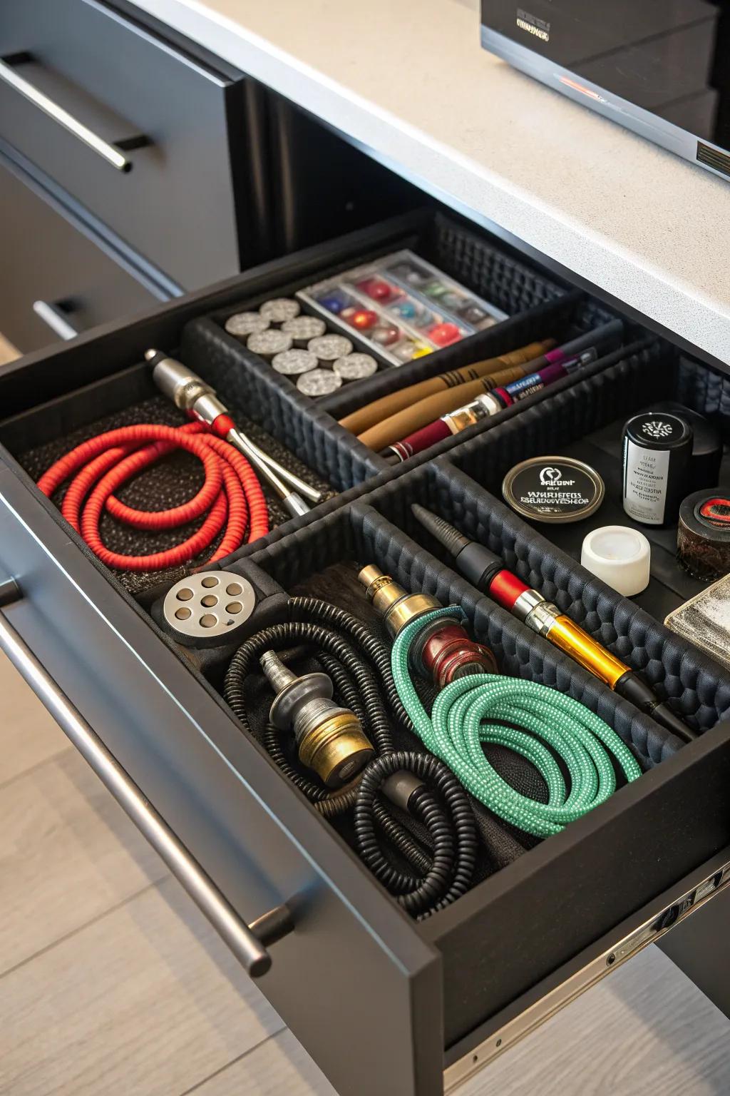 Efficient smoking equipment storage with customized drawer inserts.