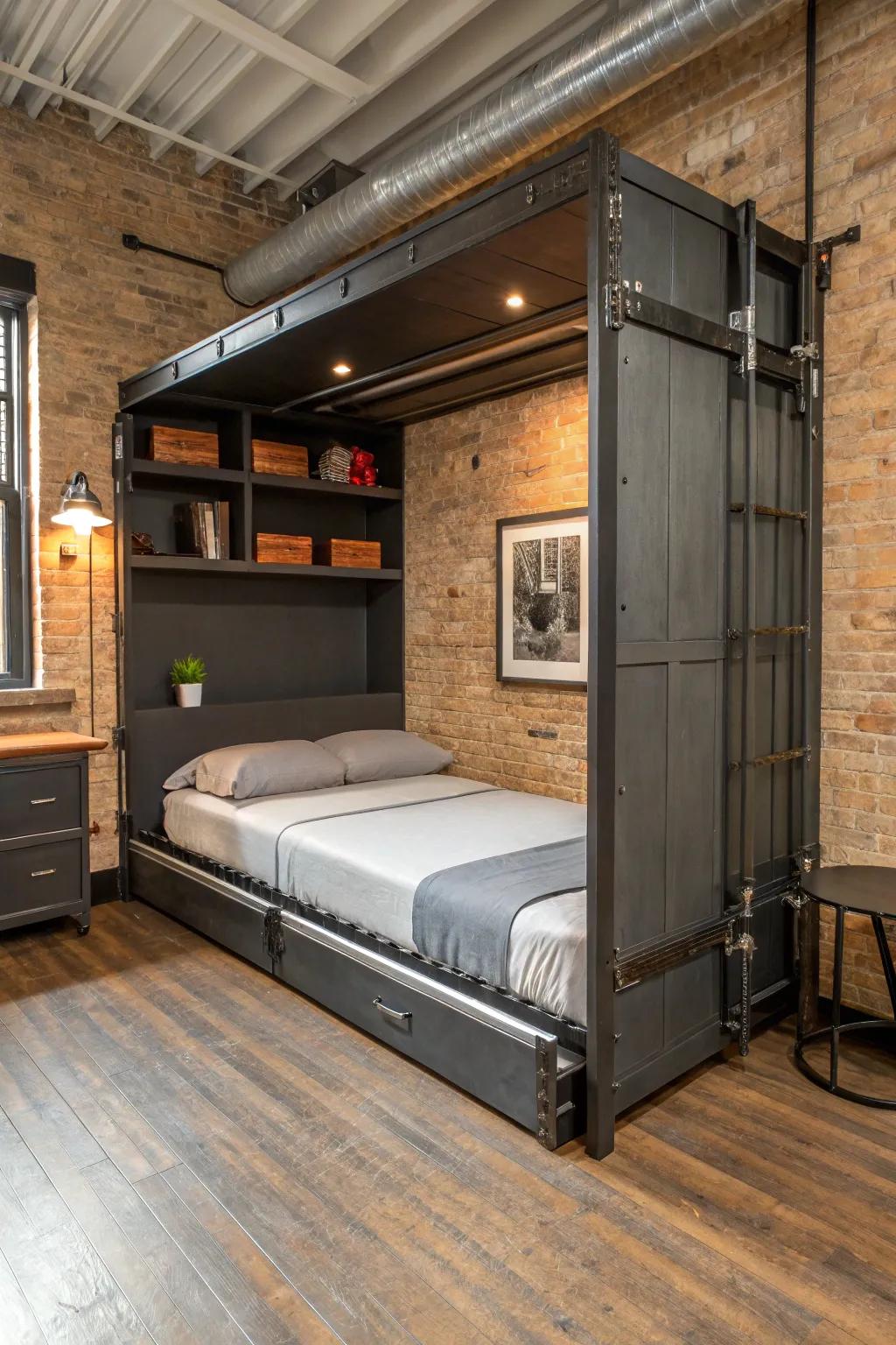 A factory-themed room featuring a foldaway bed, adding an edgy and bold uniqueness.