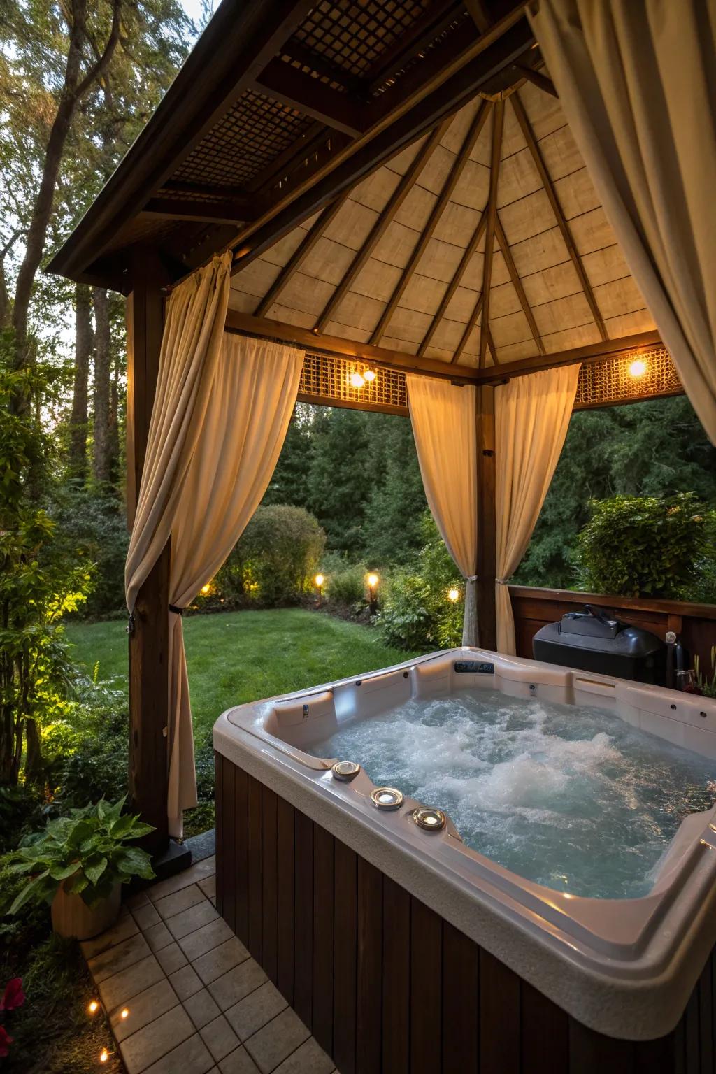 Fabrics add versatility and privacy to a gazebo setting.