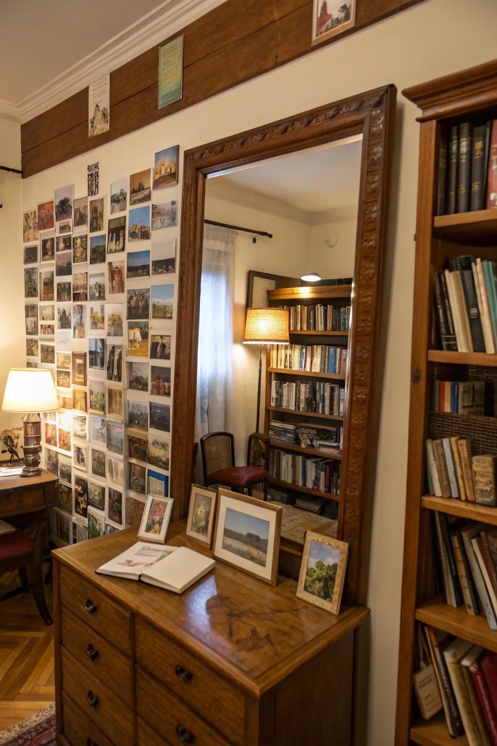 Personal memorabilia around a mirror cultivates a meaningful focal reference.