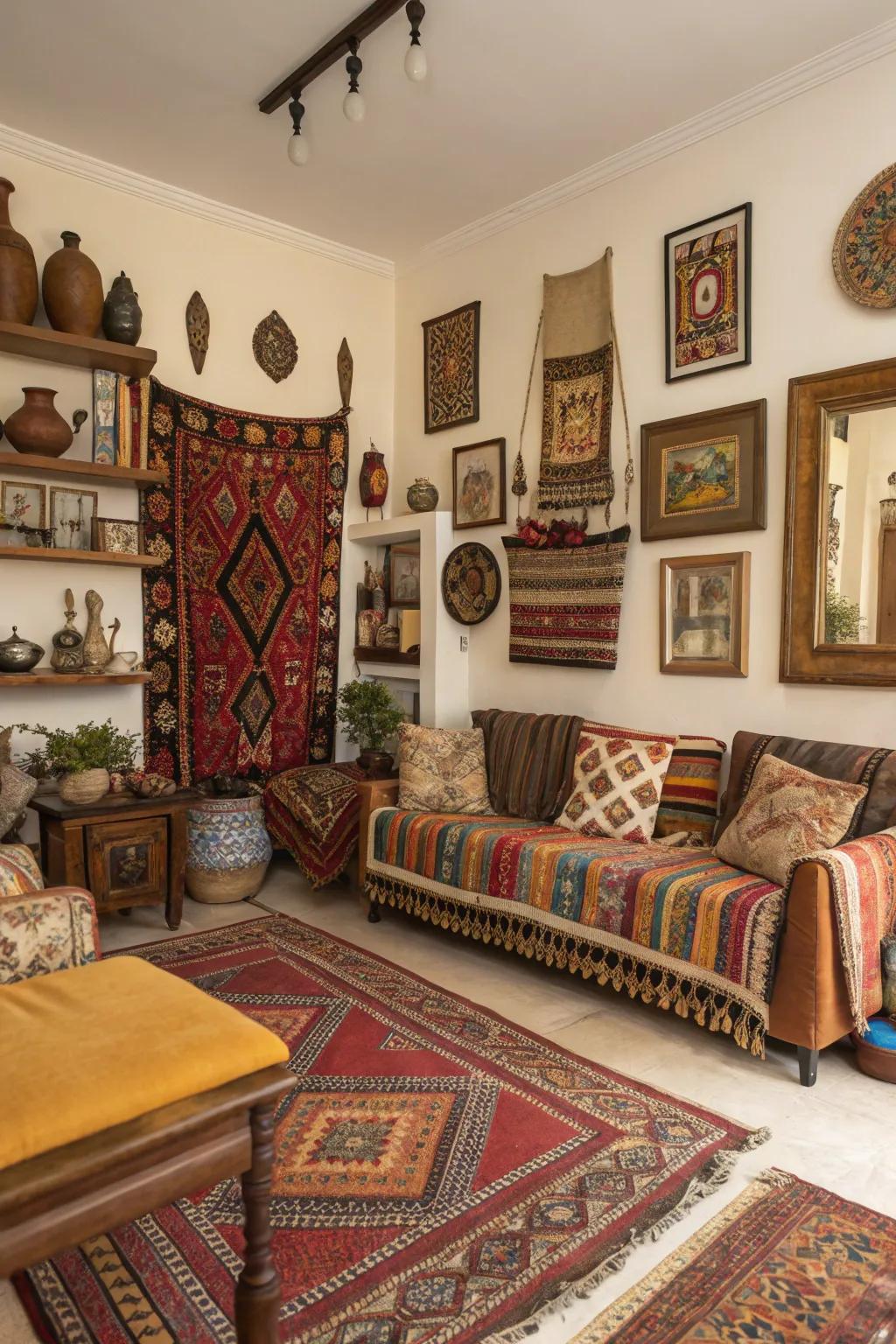 Cultural details enriching the lounge with personal history.