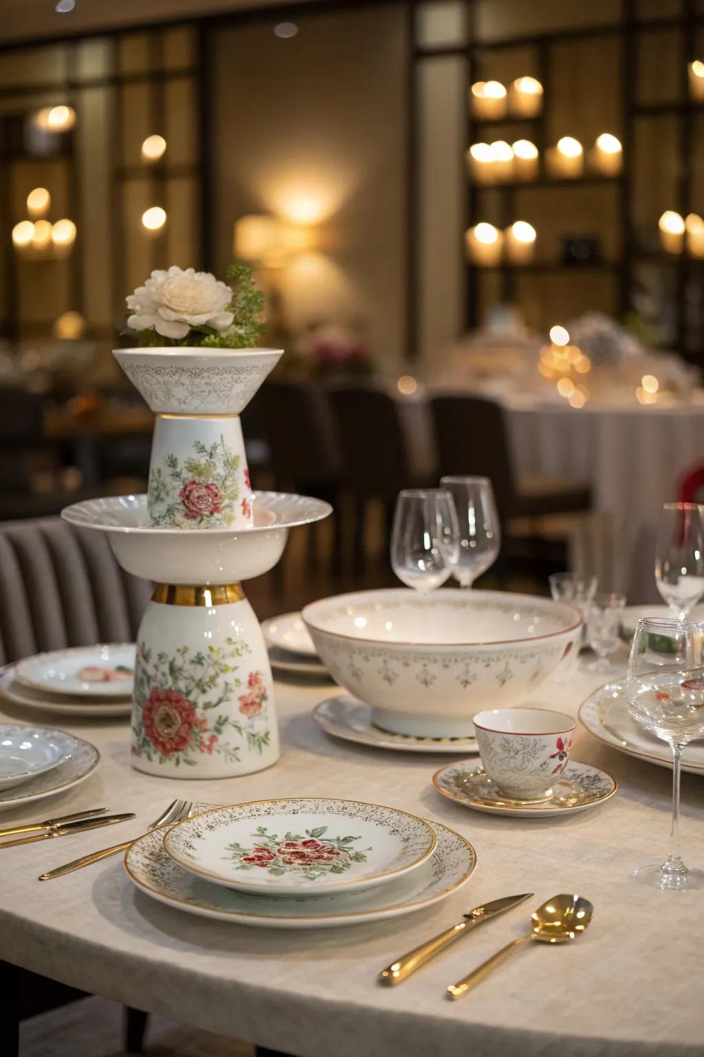 A dining table featuring an artistic centerpiece made of assorted dishware pieces.