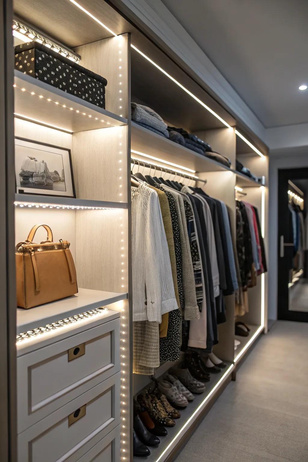 LED lighting enhances the visibility and appeal of your organized closet.
