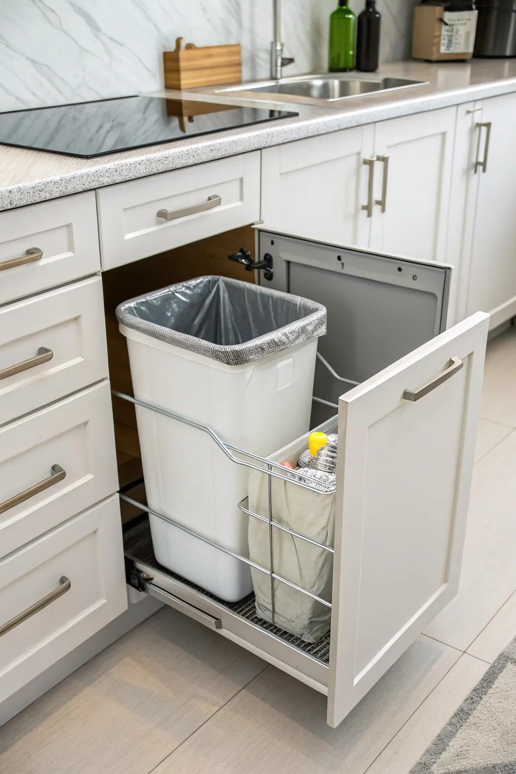 A sliding trash container maintains a tidy and organized kitchen.