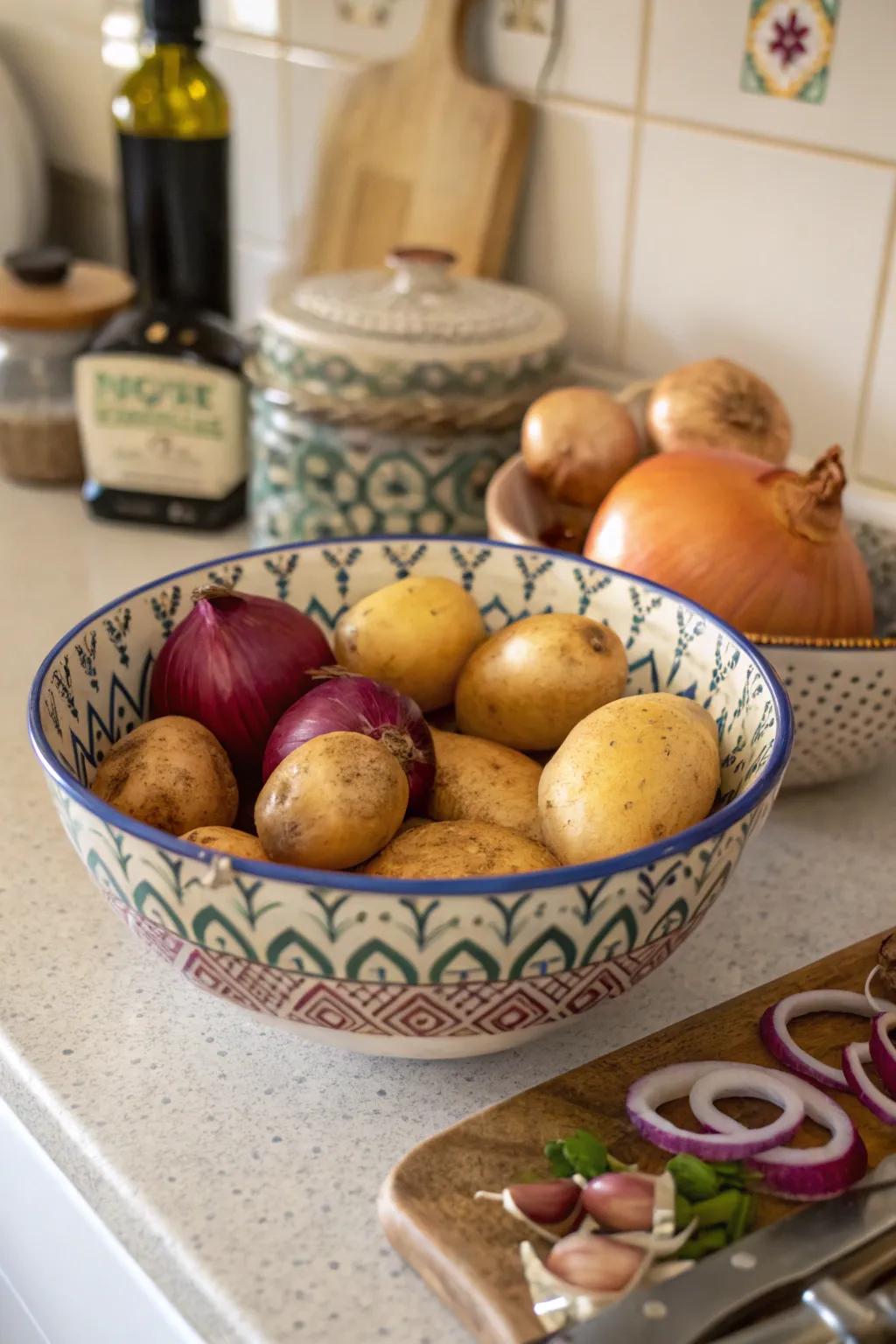 Decorative bowls offer a stylish means of displaying produce.