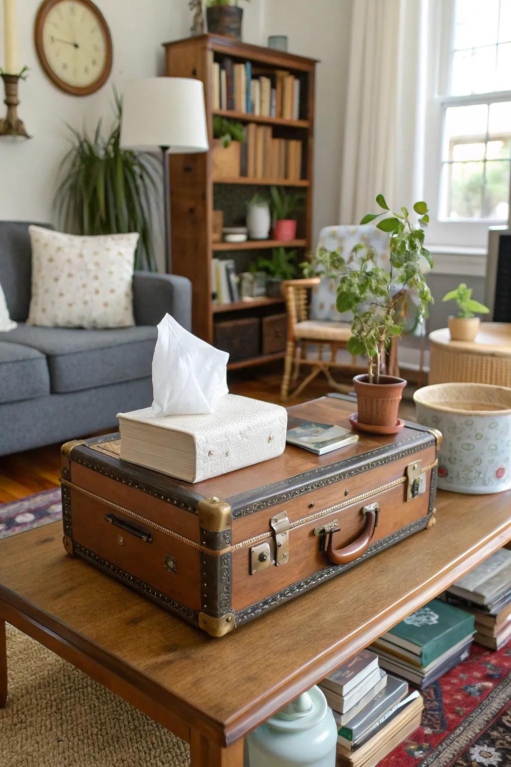 A classic suitcase adds charm to tissue paper storage.
