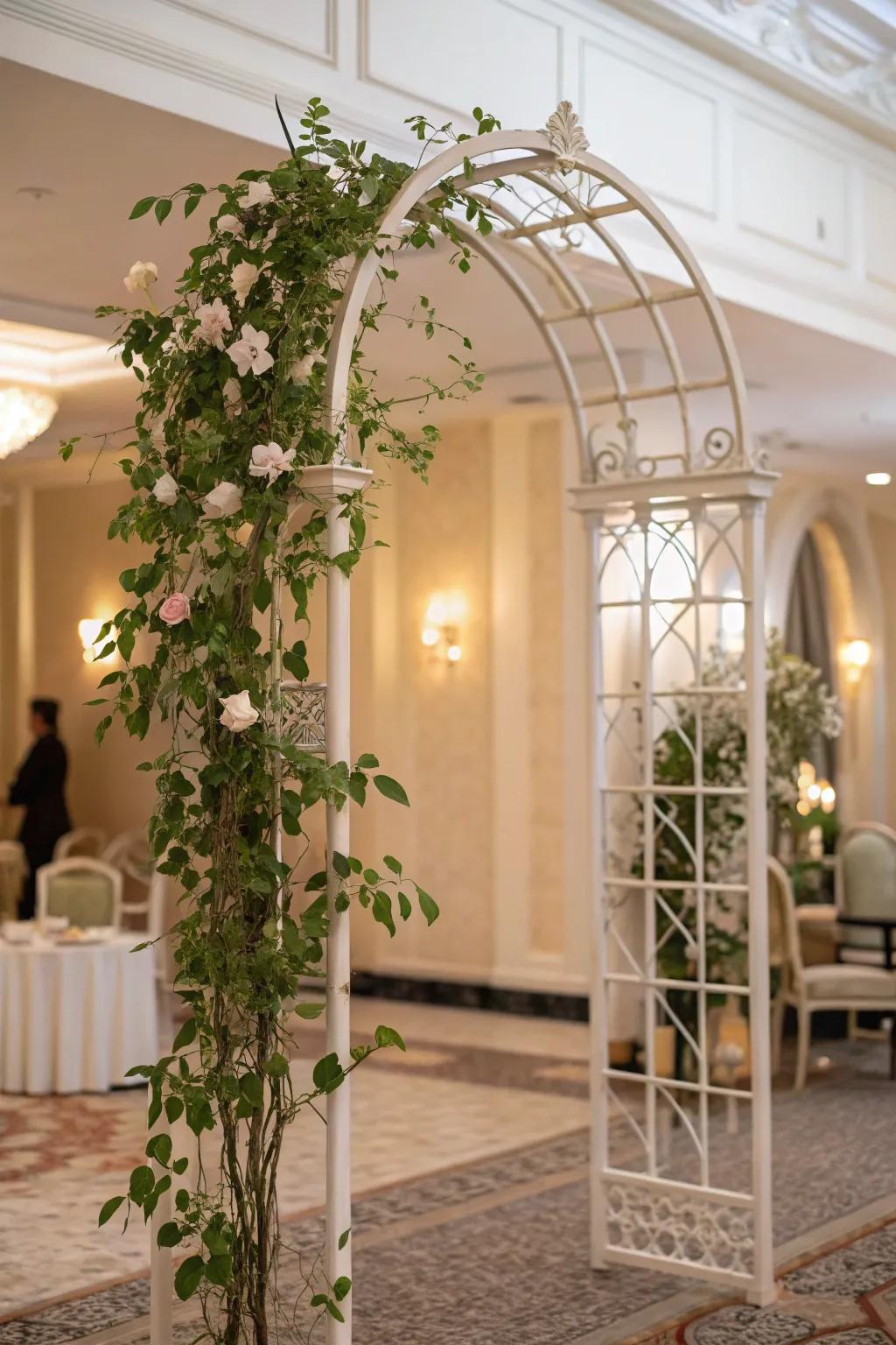 A sophisticated interior featuring a wax plant on a refined gateway support.