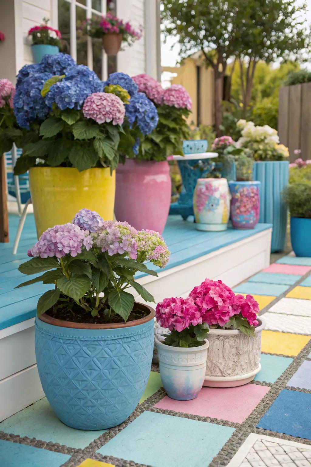 Diverse assortment of containers presenting hydrangeas across a colorful patio.