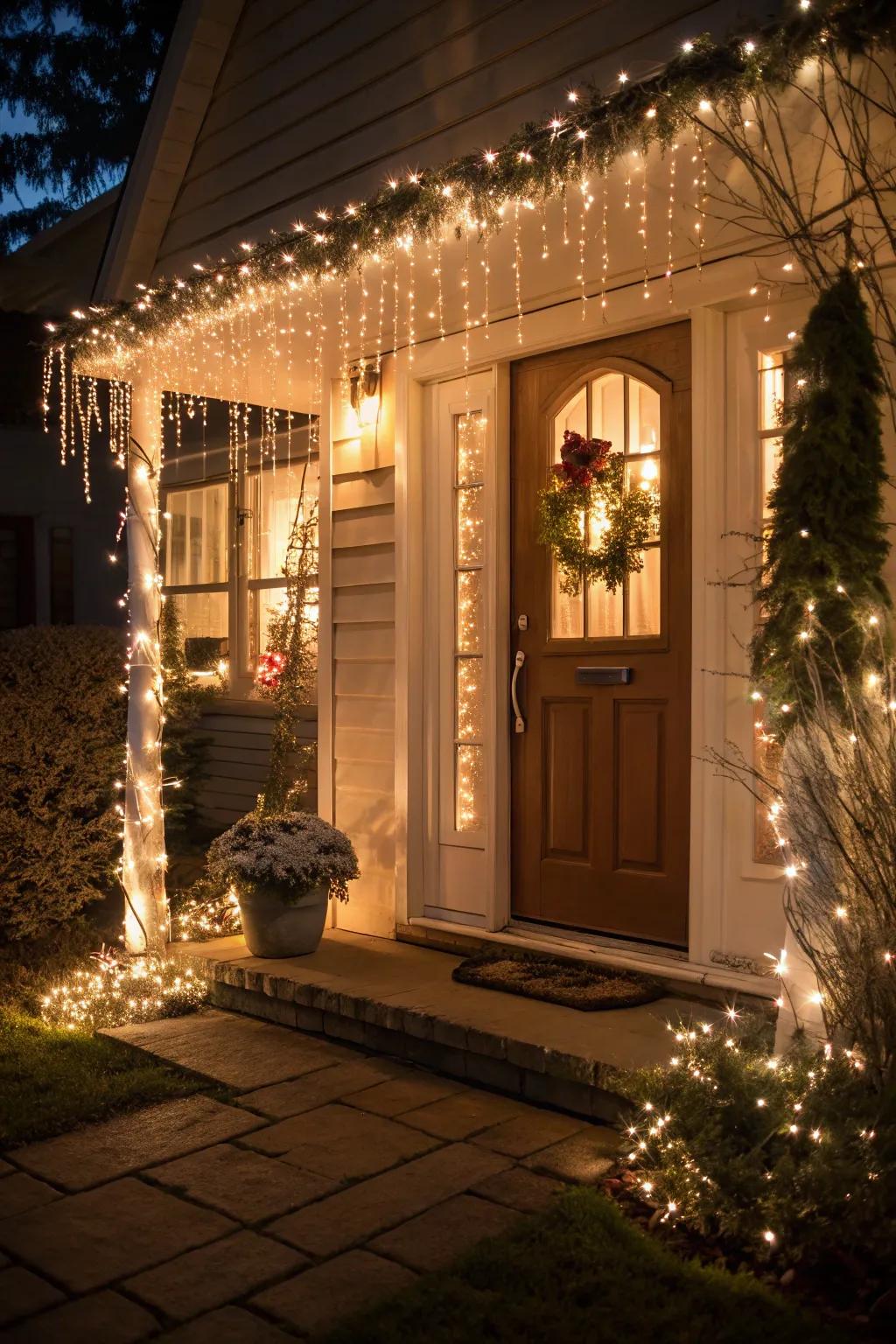 A front door framed with glimmer strands, inviting you in with festive warmth.