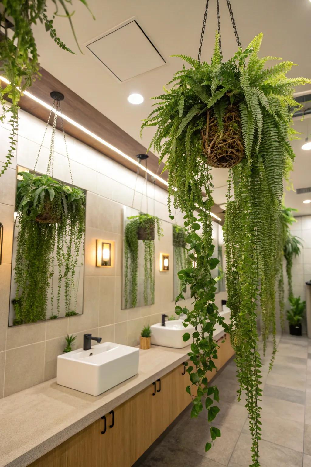 Design a tropical haven with a hanging restroom garden.
