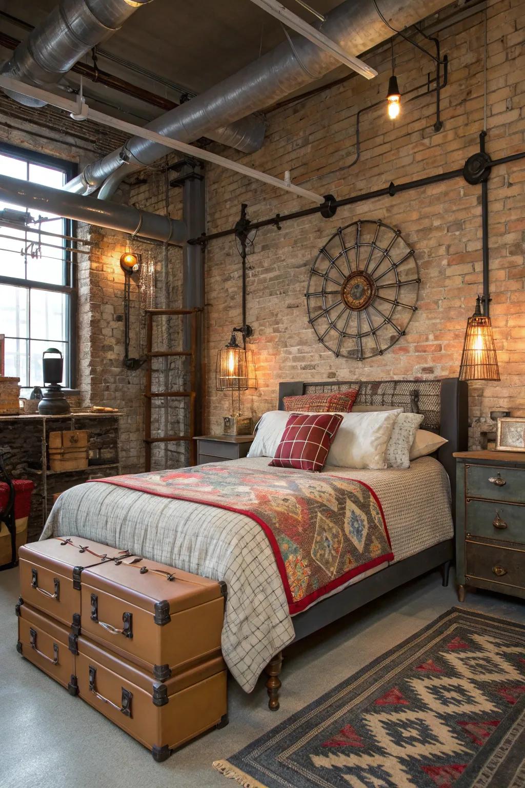 Reclaimed factory artifacts introduce authenticity to this bedroom.