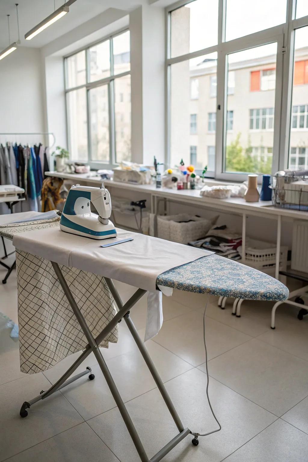 A pop-up pressing surface center in a professional sewing studio.