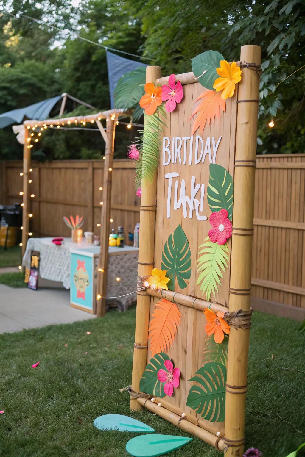 A tiki bar-inspired birthday board that offers a tropical feel.