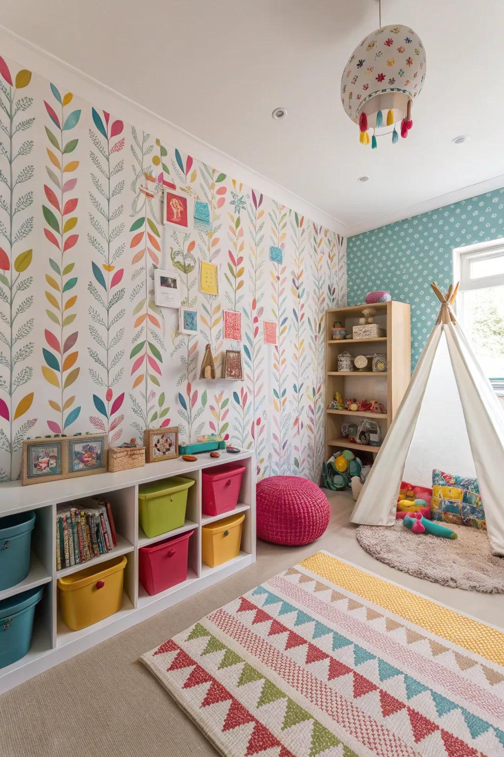 A playroom showing a mix of various patterned wallpapers for a playful touch.